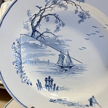 Deep plate / Soup plate / Pasta plate - Petrus Regout - decor MARINES grey/blue on off-white/cream background