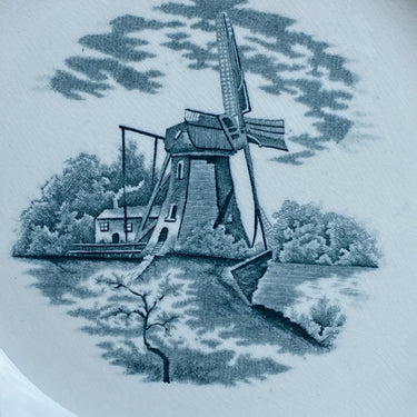 Dinner plate - slightly scalloped edge - Grimwades Stoke-on-Trent - DELPH petrol decor with mill and sailing ships