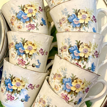 Kop en schotel – Petrus Regout – decor 208 van blauwe gele en roze bloemetjes