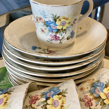 Kop en schotel – Petrus Regout – decor 208 van blauwe gele en roze bloemetjes
