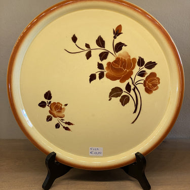 Taart-/Vlaaischaal - plat rond model - Badonviller - décor LES ROSES in beige/bruine uitvoering