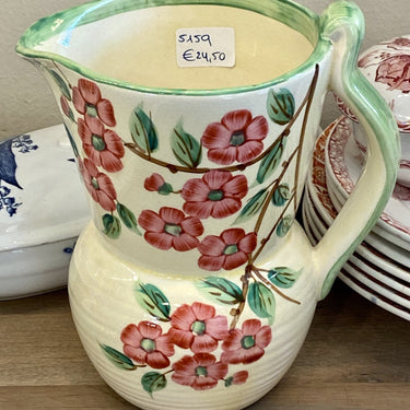 Vase with handle - Bewley Pottery - Made in England - Melton - decor in pastel yellow background with pink blossom