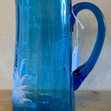 Jug with 4 glasses - azure blue glass with Mary Gregory decor in white - tapered, curved glass