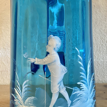 Jug with 4 glasses - azure blue glass with Mary Gregory decor in white - tapered, curved glass