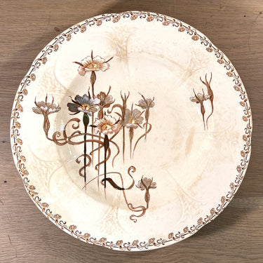 Deep plate / Soup plate / Pasta plate - Longwy - NIELLES - decor of flowers in brown/grey/green with embossed drawing - Art Nouveau