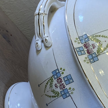 Terrine - oval model - St. Ghislain Belgium - Art Nouveau decor in light blue/green/dark purple