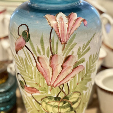 Vase - glass - hand painted in azure blue, pink and green