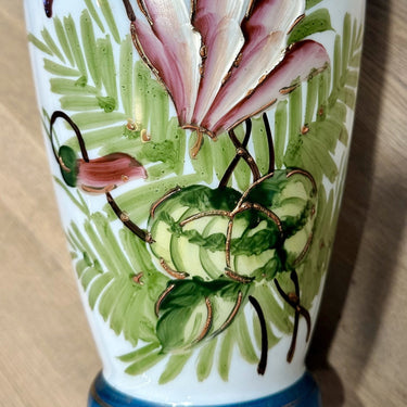 Vase - glass - hand painted in azure blue, pink and green