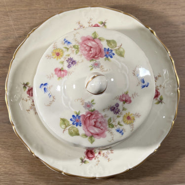 Butterdose - rundes Modell mit Fuß - Mosa - Dekor in blau/rosa Blumen