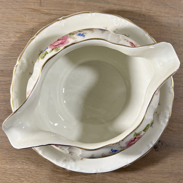 Sauciere / Sauciere - rundes Modell mit 2 Ausgüssen - Mosa - Dekor in blau/rosa Blumen