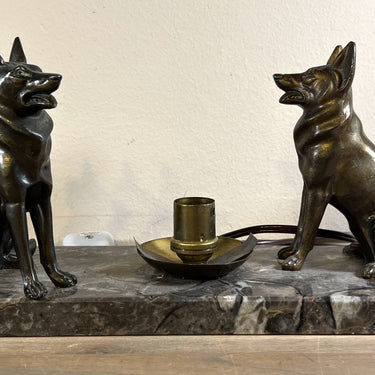 Lamp on marble base with two metal shepherd dogs - Art Deco period