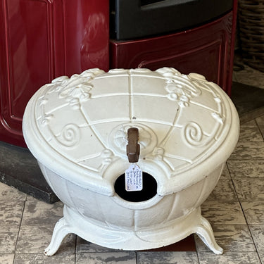 Coal kit / Charbonniére - cream/white enamelled cast iron with relief image of flowers