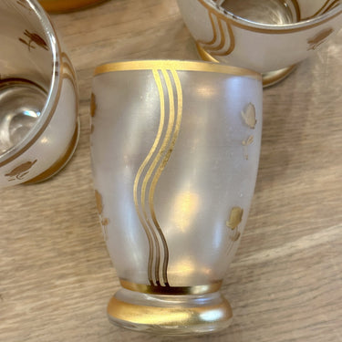Liqueur set - carafe with 5 glasses - probably Booms glass - made of matt glass with gold-colored painting