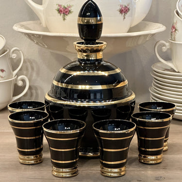 Liqueur set - carafe with 6 glasses - Booms glass from de Rupel - in black with gold color