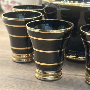 Liqueur set - carafe with 6 glasses - Booms glass from de Rupel - in black with gold color