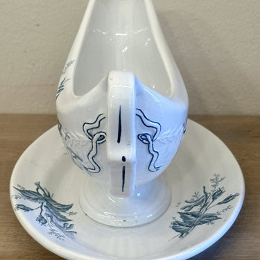 Gravy boat / Sauce boat - S&amp;G in a blind mark (S&amp;G De Clairefontaine?) - decor in petrol with flowers and cats