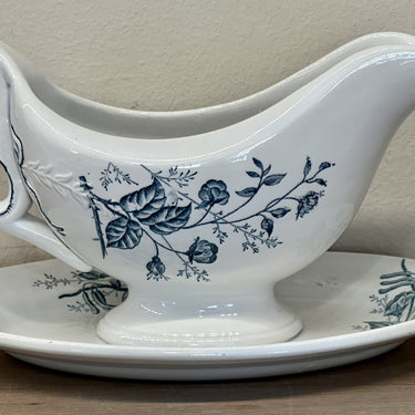 Gravy boat / Sauce boat - S&amp;G in a blind mark (S&amp;G De Clairefontaine?) - decor in petrol with flowers and cats
