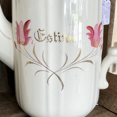 Coffee pot from bridal tableware - Petrus Regout - with gold-colored text ESTIME