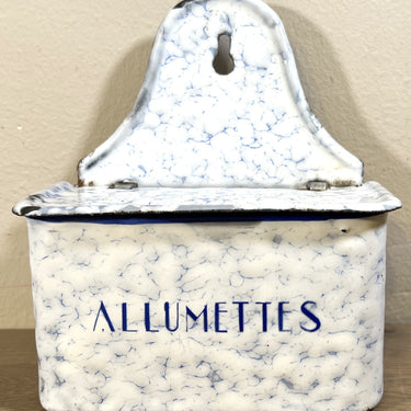 Matchbox holder - white with blue cloudy enamel and the inscription ALLUMETTES in blue letters
