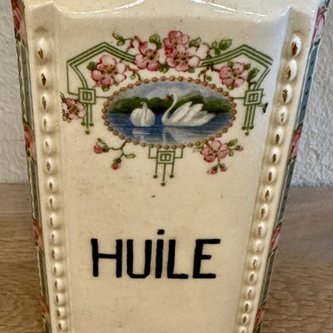 Karaf / Fles - ongemerkt - Art Nouveau/Jugendstil met décor van zwanen omgeven door rozen - opdruk HUILE
