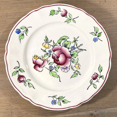 Frühstücksteller / Dessertteller - Boch - Dekor einer rosa Rose mit blauen und gelben Blüten