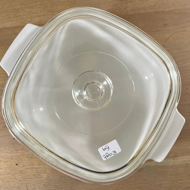 Schaal - groter model - met deksel met grotere knop - Pyroflam - décor met blauw blaadjes - onderzijde met grijze laag en opschrift "Made in Holland" - PA-4