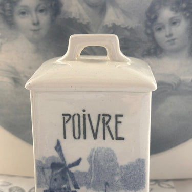 Storage jar - small model - Ludwig Wessel Bonn - decor in blue with images of mills and/or boats - inscription POIVRE