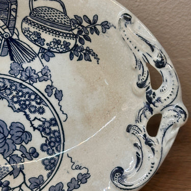 Schale - kleiner, oval, Modell auf niedrigem Fuß - BFK (Boch Frères Kèramis) - JAPON Dekor mit Vögeln in Blau