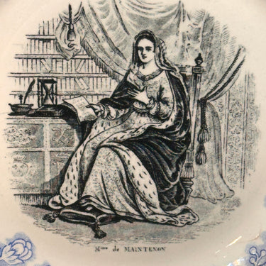 Zierteller / Plate - Boch Frères Kèramis (Blindmarke) - Dekor Mme de Maintenon in Schwarz/Weiß mit leuchtend blauem Rand