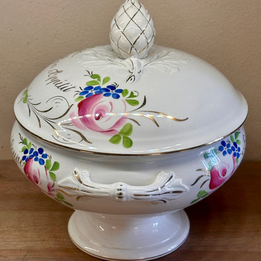 Covered dish / Terrine - Faïencerie d'Onnaing Nord - decorated in bridal tableware style with gold-colored texts "BON APPETIT" and "BONNE SOUPE"