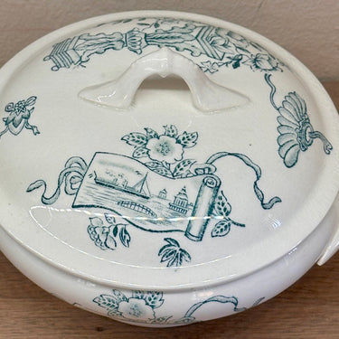 Covered dish / Terrine - part of a children's tableware - Nimy - green decor of ships, flowers and Japanese ornaments
