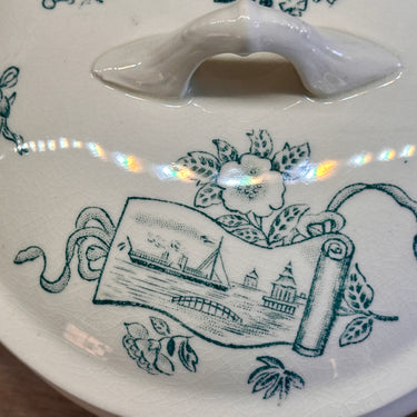 Covered dish / Terrine - part of a children's tableware - Nimy - green decor of ships, flowers and Japanese ornaments