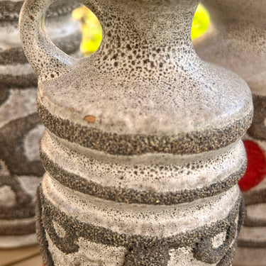 Vase - VEB Haldensleben - Made in GDR (East Germany) - in light grey, dark grey with red FAT LAVA/VULCANIC LOOK decor