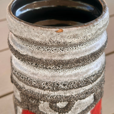 Vase - VEB Haldensleben - Made in GDR (East Germany) - in light grey, dark grey with red FAT LAVA/VULCANIC LOOK decor