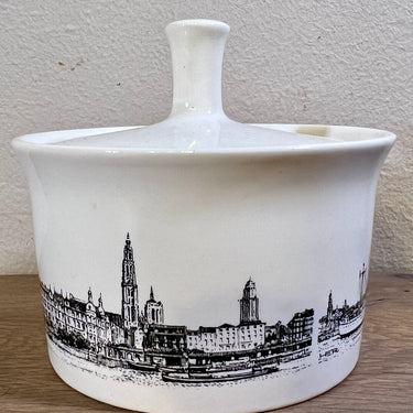 Sugar bowl - Villeroy &amp; Boch - Made in Luxembourg - decor of Antwerp "De Rede" in black/white
