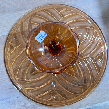 Cake stand / Cake dish - on high foot - unmarked - made of salmon-colored glass