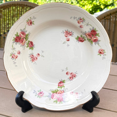 Tiefer Teller / Suppenteller / Pastateller - Boch - Dekor aus rosa und gelben Rosen und gewelltem Perlenrand