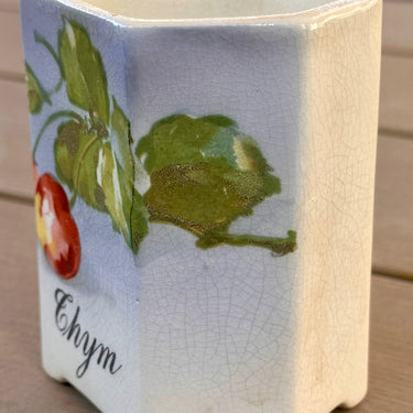 Voorraadpotje / Kruidenpotje - ongemerkt - décor in crème/lichtblauw met kersen - opschrift THYM in zwart