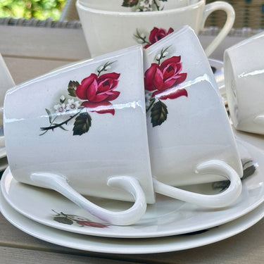 Tasse und Untertasse - Boch Frères - POMPADOUR-Dekor mit roten Rosen und weißen Blumen - VEDETTE-Form