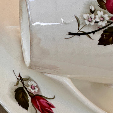 Tasse und Untertasse - Boch Frères - POMPADOUR-Dekor mit roten Rosen und weißen Blumen - VEDETTE-Form