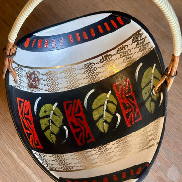 Serving bowl / Bonbon bowl - with wicker handle - Höhr Keramik - décor (PALMA?) in green/burgundy, gold and white with black leaves