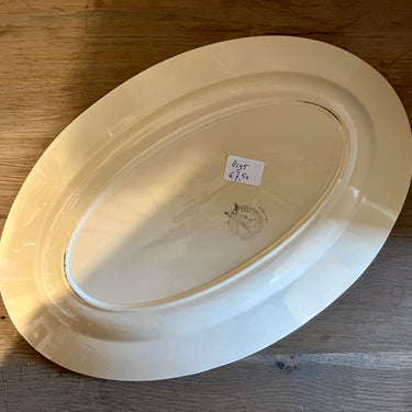 Bowl / Serving bowl - larger oval model - unmarked but Moulin des Loups - décor with pink rose in blue/grey branch on light brown cream-colored earthenware