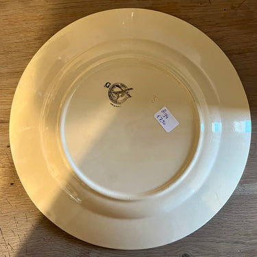 Bowl / Serving bowl - larger round model - unmarked but Moulin des Loups - décor with pink rose in blue/grey branch on light brown cream-colored earthenware