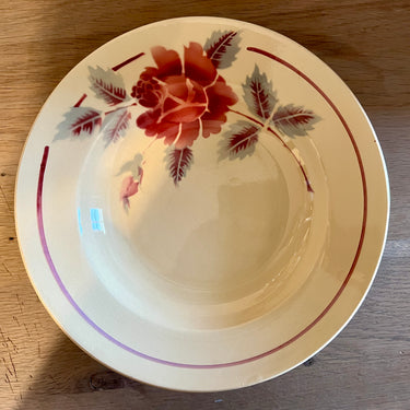 Deep plate / Soup plate / Pasta plate - unmarked but Moulin des Loups - décor with pink rose on a blue/grey branch on light brown cream-colored earthenware