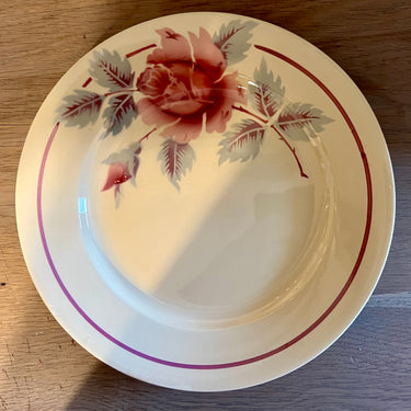 Dinner plate / Serving plate - unmarked but Moulin des Loups - décor with pink rose in blue/grey branch on light brown cream-colored earthenware