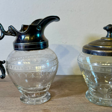 Milk jug and sugar bowl - made of etched glass with metal/chrome lid/rim