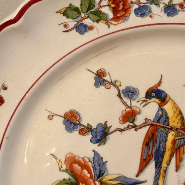Plate / Decorative plate - Villeroy &amp; Boch Mettlach - PHOENIX decor with birds of paradise - decor no. 1570 - in red, blue, yellow, and green with a red fillet edge on a scalloped rim