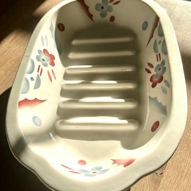 Asparagus dish / Meat dish, half-height model - unmarked (only a number 79) - spritz decoration / spray decoration in gray/red