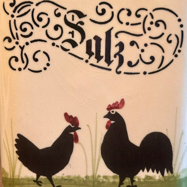 Voorraadpot - Zeller faience Germany (ouder stempel) - decor Hahn & Henne (Rooster & Hen) met opschrift SALZ- handbeschilderd