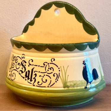 Salt cellar - hanging model - Zeller faience Germany (older stamp) - decor Hahn &amp; Henne (Rooster &amp; Hen) with inscription SALZ - hand-painted